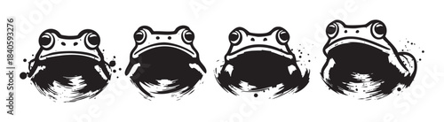 Four stylized black ink brush stroke frogs are depicted in a row with an artistic, minimalist design, showcasing their unique amphibian forms.