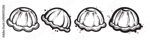 Four delicious sweet jellies with a fluted design are depicted in a hand-drawn, black and white ink style, perfect for a vintage dessert illustration.