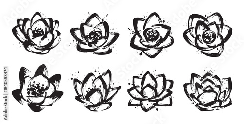 Lotus flowers are beautifully rendered in a collection of artistic black ink brush strokes, showcasing an elegant and spiritual floral design.