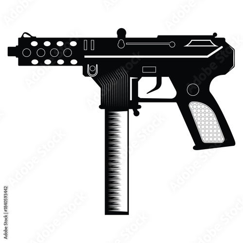 Black and white SMG, Modern submachine gun silhouette vector, Tactical firearm outline illustration, Detailed submachine gun vector art.eps
