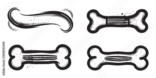 Four stylized dog bone shapes rendered with a dynamic black ink brush stroke and grunge texture, creating a graphic and artistic design element.