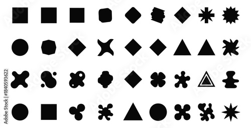Collection of abstract black geometric and organic shapes arranged in a uniform grid pattern