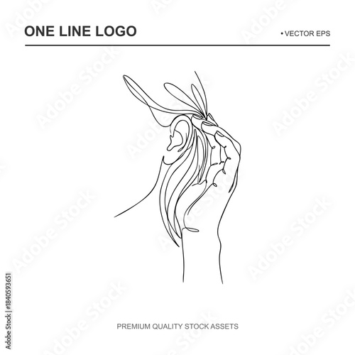 Vector illustration of a female profile gently tucking a strand of hair behind her ear. Editable continuous line art suitable for hair salon logos, jewelry and earring branding, feminine hygiene, and 
