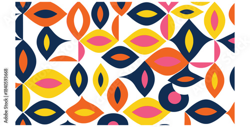 Vibrant mid century modern seamless pattern featuring abstract eye shapes in bold retro colors