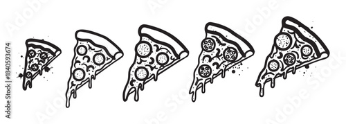 Five delicious pizza slices with melting cheese and pepperoni toppings are displayed in a hand-drawn black and white illustration.
