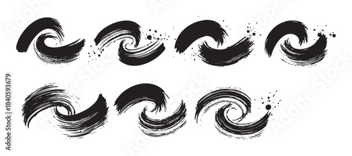 Black brush strokes form a dynamic collection of textured, artistic, and grungy ink swirls, creating versatile design elements with a hand-drawn aesthetic.