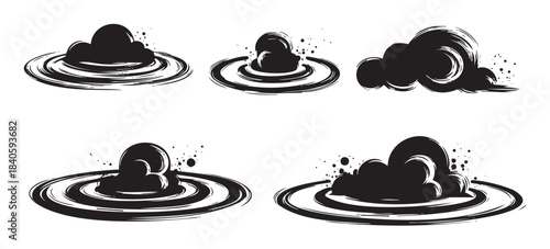 Abstract ink splashes with brushstroke ripples and dynamic textures creating a collection of artistic, expressive, and versatile graphic elements for design projects.