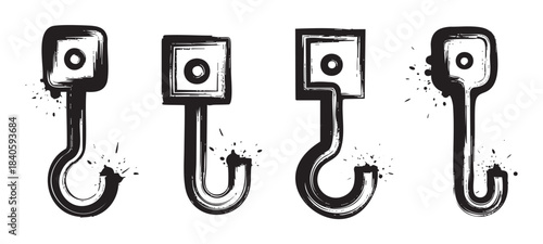 Grunge pistons vector illustration set with distressed texture and ink splatters, depicting various mechanical components in a stylized, hand-drawn aesthetic.