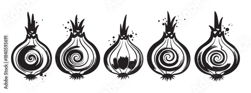 Five stylized black and white onions depicted in a row with a hand-drawn, rustic ink brushstroke aesthetic, perfect for culinary or farm-to-table designs.