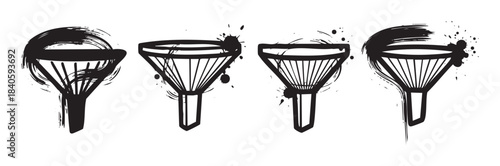 Four abstract ink brushstroke funnels with artistic splatter details creating a unique graphic design element for various creative projects.