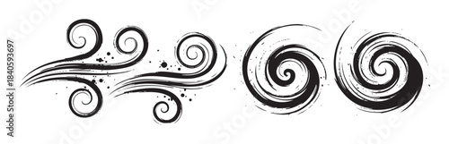 Abstract brushstroke swirls and waves create a dynamic and artistic set of decorative design elements with a grunge texture, perfect for creative projects.