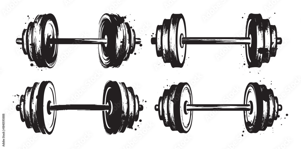 Fototapeta premium Four stylized barbells and dumbbells are depicted in a grunge brushstroke illustration, representing strength, fitness, and workout equipment.