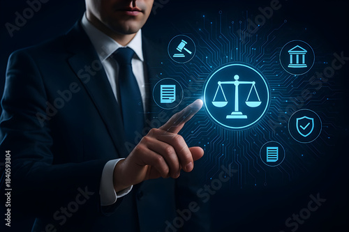 Digital legal technology concept. Businessman interacts with virtual interface showing justice scales, gavel, and security icons on circuit board background.