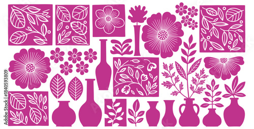 Vibrant magenta floral and botanical motifs featuring stylized flowers leaves and various decorative vase silhouettes
