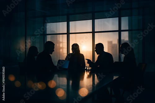 Silhouette of business team meeting in a high-rise office boardroom at sunset, discussing corporate strategy.
