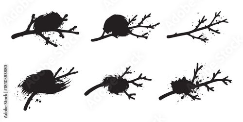 Collection of grunge tree branches and bird nests, depicted as black ink splatters, offering a rustic and artistic vector illustration set.