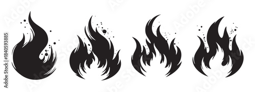 Fire flames vector illustration set depicting various stylized black silhouettes with dynamic shapes and scattered sparks, perfect for design elements.