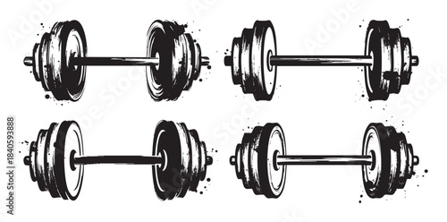 Four stylized barbells and dumbbells are depicted in a grunge brushstroke illustration, representing strength, fitness, and workout equipment.