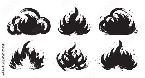 Abstract brushstroke flame shapes set with grunge texture, offering dynamic and artistic elements for various design projects and creative concepts.