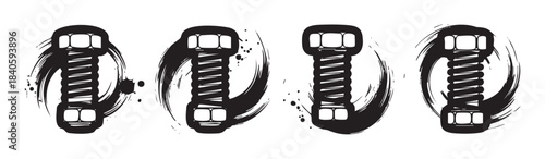 Four stylized bolts and nuts are depicted in a bold, black ink brush stroke style, creating a grunge and artistic industrial design element.