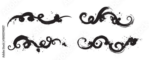 Black ink brush stroke designs with a grunge texture and decorative swirling patterns create versatile artistic elements for various creative projects.