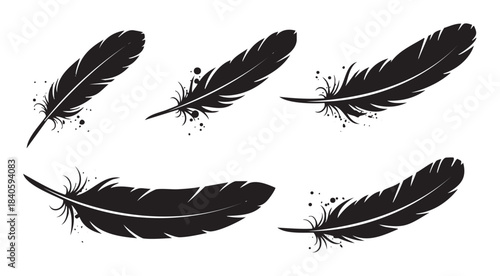 Black stylized feathers vector illustration set with ink splatters creating a decorative and elegant design element, perfect for various creative projects.