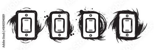 Four artistic light switches in a row, depicted with a dynamic black ink brushstroke style, symbolizing control, energy, and modern electrical systems.