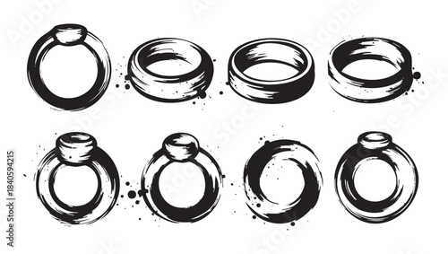 Eight different artistic brushstroke rings showcase a variety of styles and textures in this elegant collection of jewelry illustrations.