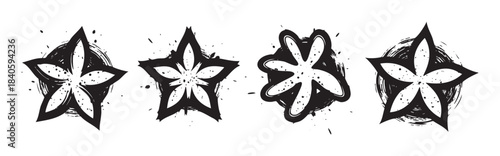 Four artistic grunge star flower shapes with distressed textures and ink splatters form a unique graphic design element, perfect for creative projects.