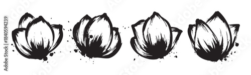 Four stylized black ink lotus flowers are depicted in a beautiful brushstroke art style, showcasing a serene and elegant botanical illustration.