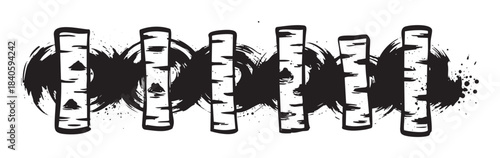 Stylized birch tree trunks with grunge brush strokes creating an artistic black and white forest illustration, perfect for nature-inspired design.