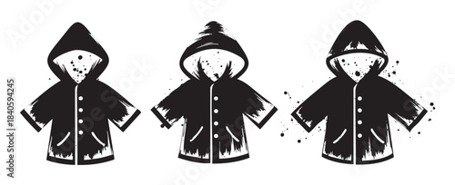 Three stylized black hooded raincoats with a grunge texture and splatter effect are presented as versatile graphic design elements.