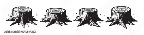 Four stylized tree stumps with visible growth rings and textured details arranged in a row, presented in a bold black and white graphic illustration style.