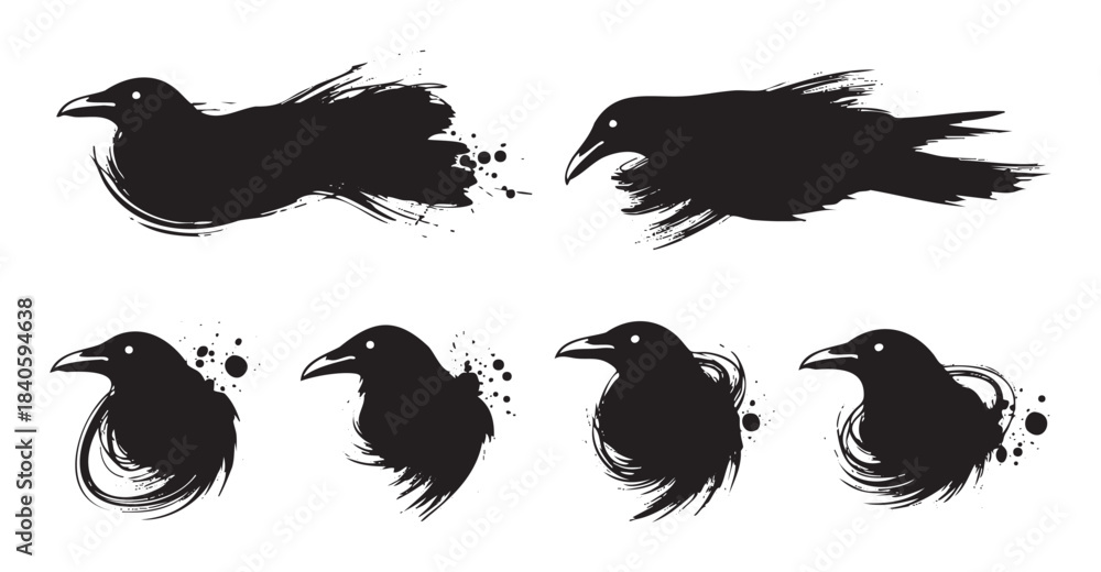 Obraz premium Ravens and crows are depicted in a set of artistic brushstroke illustrations, showcasing their dark silhouettes with a grunge, expressive style.