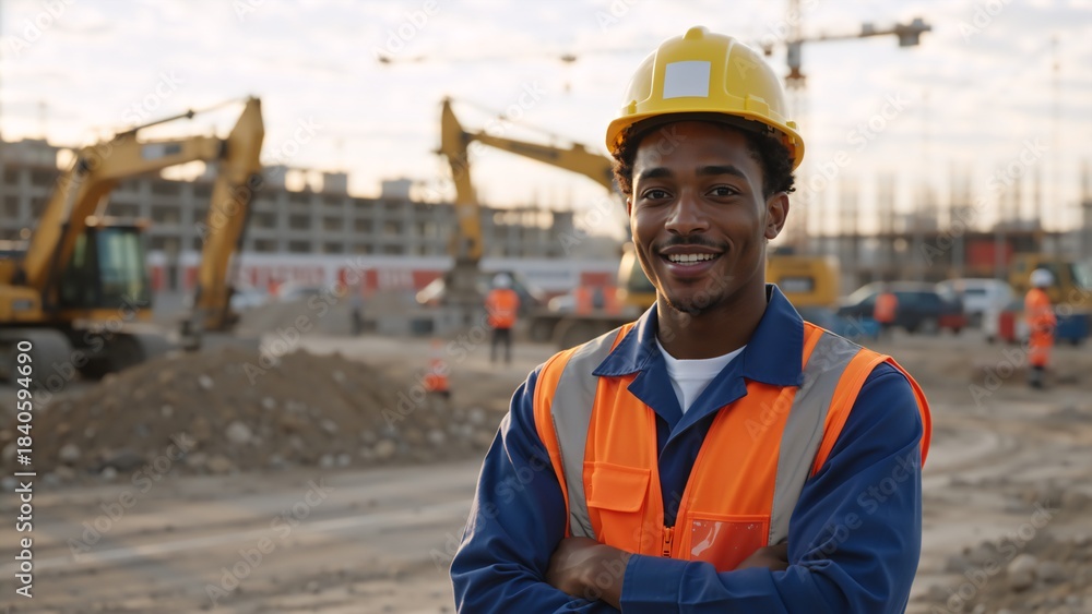 Obraz premium Confident African American construction worker smiling at a building site. Portrait of a young male engineer in a hard hat and safety vest with arms crossed