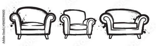 Three artistic black and white armchairs with a grunge style are depicted in a hand-drawn illustration, perfect for interior design or home decor concepts.