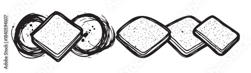 Hand drawn bread slices arranged in a grunge-style illustration with textured speckles and artistic ink splatters, perfect for bakery or food-related designs.