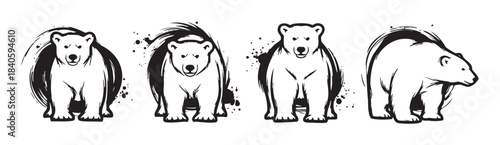 Polar bears vector illustration set of four distinct black and white stylized arctic animals with brushstroke textures and ink splatters.