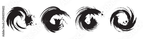 Black brush strokes form a collection of dynamic swirling abstract ink designs, perfect for artistic graphic elements and expressive texture.