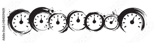 Seven abstract speedometers with grunge brushstroke style are arranged horizontally, symbolizing concepts of measurement, progress, and dynamic performance in a unique artistic illustration.