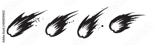 Stylized black comet shapes with dynamic tails and ink splatters create a powerful sense of speed and impact, perfect for graphic design elements.