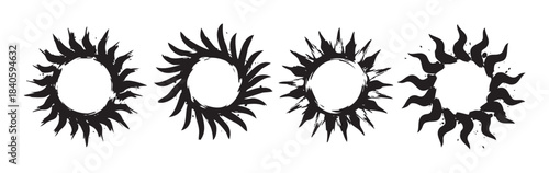 Four stylized sun frames with artistic brush stroke rays offer a versatile and decorative design element for various creative projects and graphic applications.
