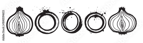 Artistic black and white onion illustrations are combined with expressive ink brushstroke circles, offering a unique graphic element.