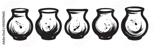 Five black and white hand-drawn vases with unique shapes and textured brush strokes are arranged in a horizontal row, showcasing a rustic artistic style.