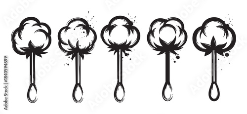 Five stylized cotton bolls featuring artistic brushstroke and ink splatter textures, creating a distinctive monochrome vector illustration collection.