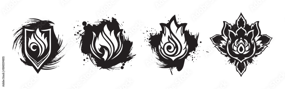 Fototapeta premium Stylized flame fire grunge graphic elements collection with artistic ink splash effects, perfect for powerful branding, gaming, or tattoo designs.