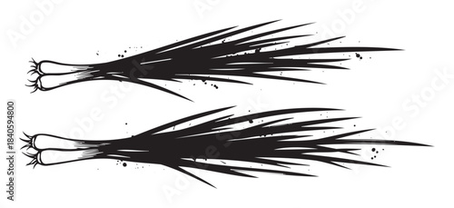 Two stylized green onions with dynamic brush stroke effect, creating a fast-moving, energetic graphic design element with scattered ink splatters.