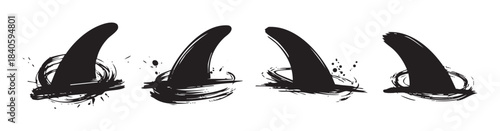 Four stylized shark fins emerge from the water with dynamic brushstrokes and ink splatters, creating a sense of danger and movement.