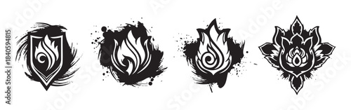 Stylized flame fire grunge graphic elements collection with artistic ink splash effects, perfect for powerful branding, gaming, or tattoo designs.