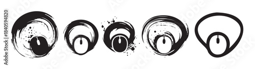 Stylized computer mouse icons depicted in a collection of artistic black and white brush stroke and outline designs, representing digital creativity.
